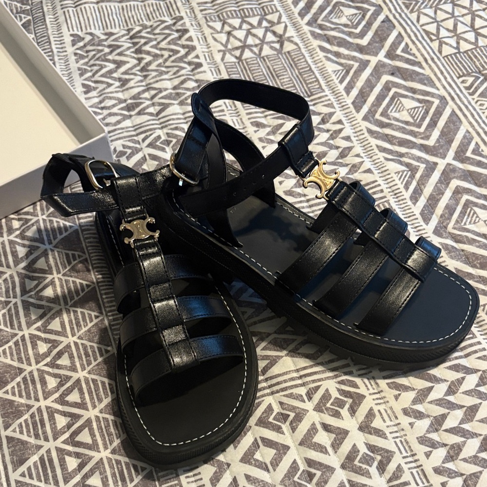 Black Strappy Sandals with Gold Accents